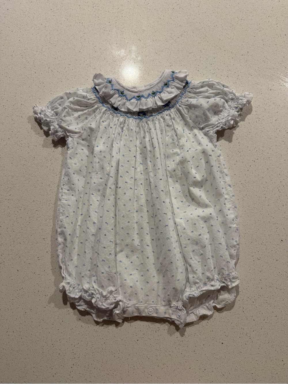 Edgehill Collection White Romper with Blue Dot Smocking